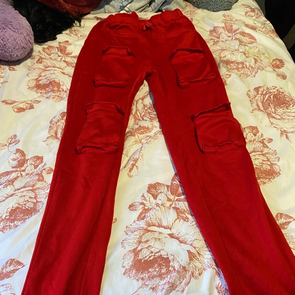 Red straight leg multi-pocket sweatpants